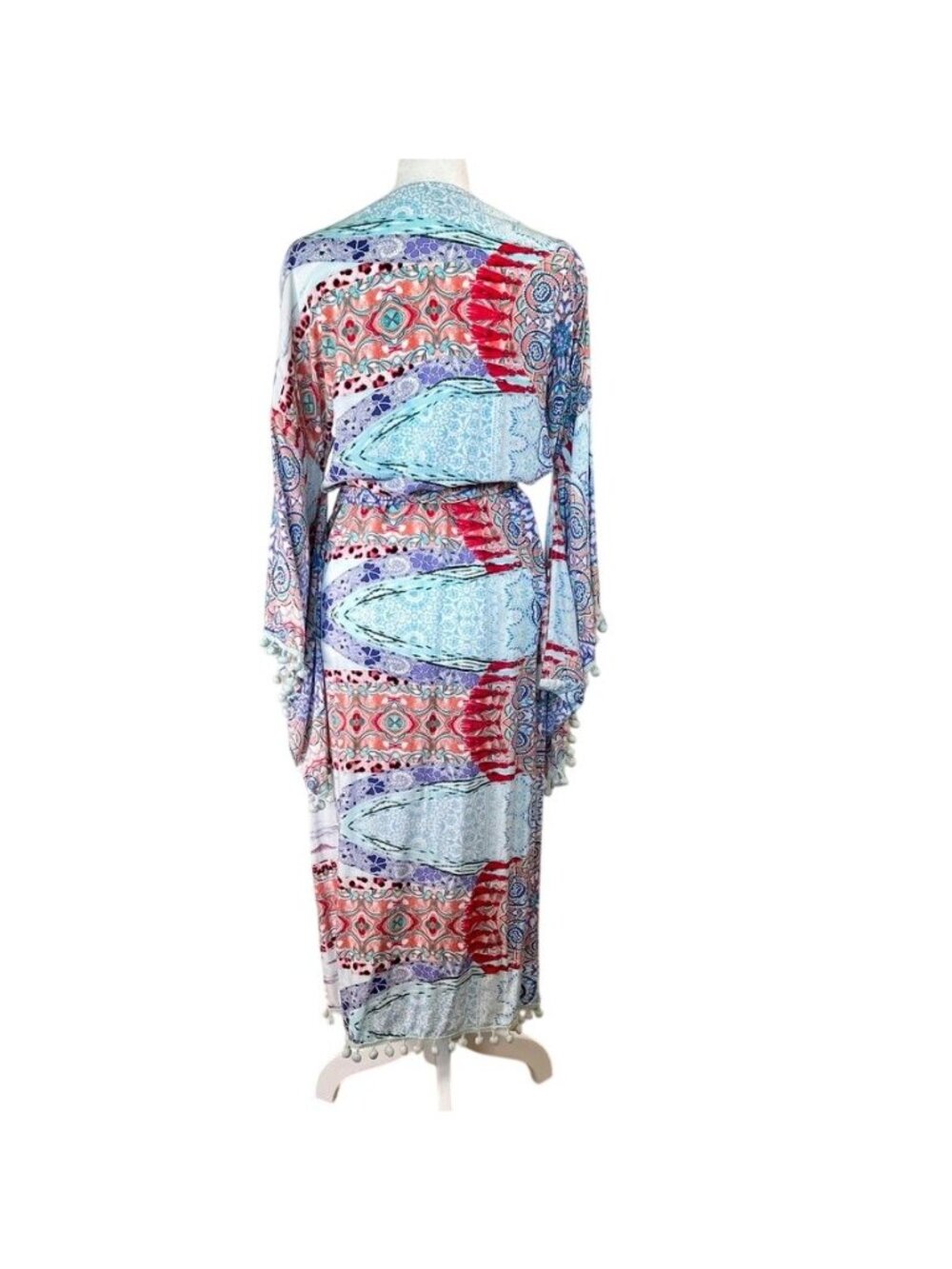 Jaase Womens Sz L Boho Patchwork Maxi Kimono Robe Pom Pom Beach Cover Up - Picture 3 of 14